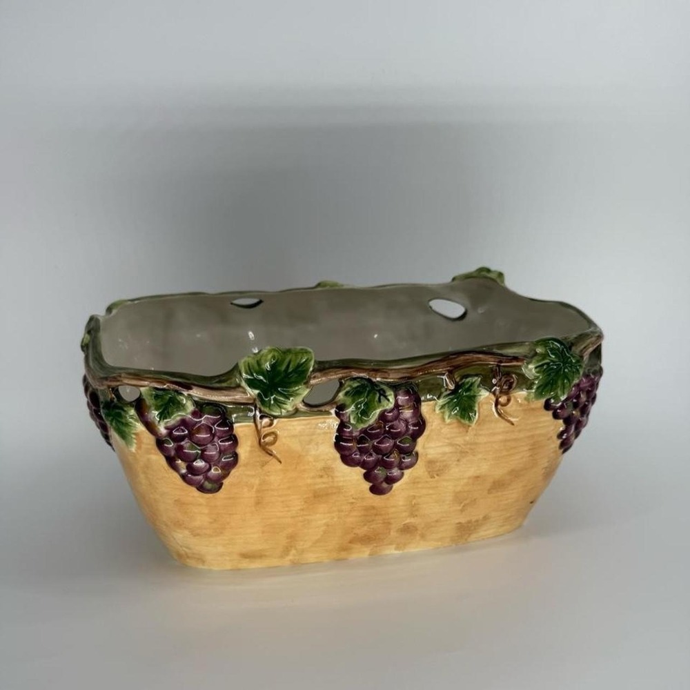Pacific Rim Hand Painted Ceramic Grape Vine Planter Cachepot 11" Tuscan Decor
